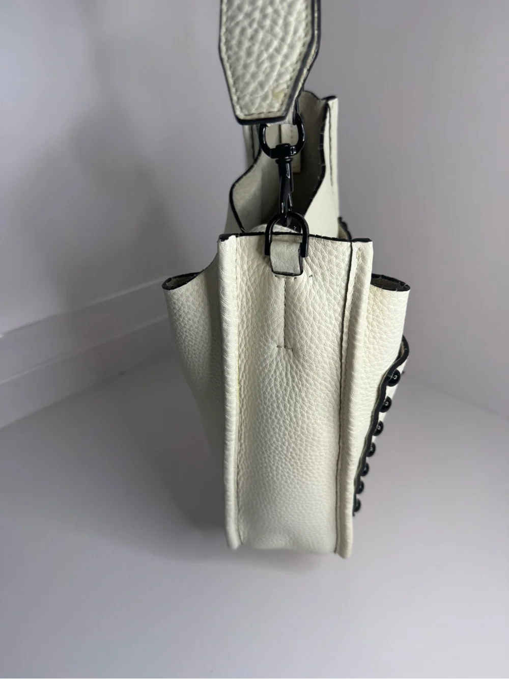 #381 Rebecca Minkoff Unlined Pebbled Leather Studded Feed Shoulder Crossbody Bag